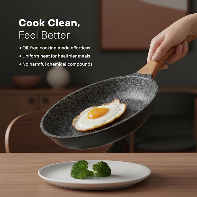 KOCHSTELLE 7-Piece Granite Cookware Set with Lids | Non-Stick Aluminum Pots and Pans Set with Wood Handles | Ceramic Pan Set + 3-Piece Silicone Utensils | Durable Cooking Set