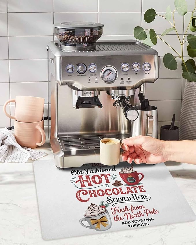 Coffee Mat for Counter Christmas Hot Cocoa Absorbent Hide Stain Coffee Bar Mat Non-slip Coffee Bar Accessories Kitchen Drying Mat Fit Under Coffee Maker Espresso Machine