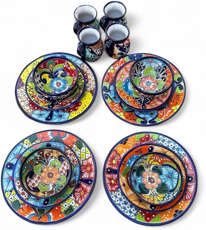 16-Piece Talavera Dinnerware Set | Hand-Painted Mexican Pottery with 4 Large 11.5” Plates 4 Small 8” Plates 4 Bowls and 4 Mugs | Unique Artisan-Made Ceramic Dish Set