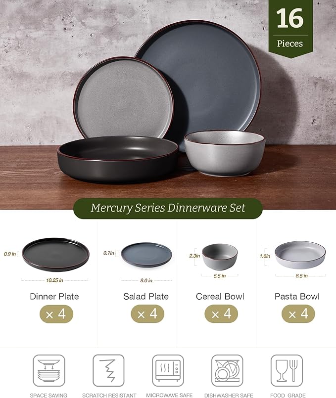 Famiware Mercury Dinnerware Sets with Pasta Bowls Service for 4 (16 Pieces) Plates and Bowls Sets Microwave and Dishwasher Safe Dishes Set Multi-color