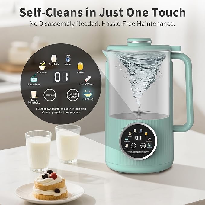 35oz Soy Milk Maker Machine: 8-in-1 Nut Milk Maker for Oat Milk Vegan Drinks Baby Food Blender - Plant-Based Milk Machine with Stainless Steel LED Touch Auto Shutoff (Green)