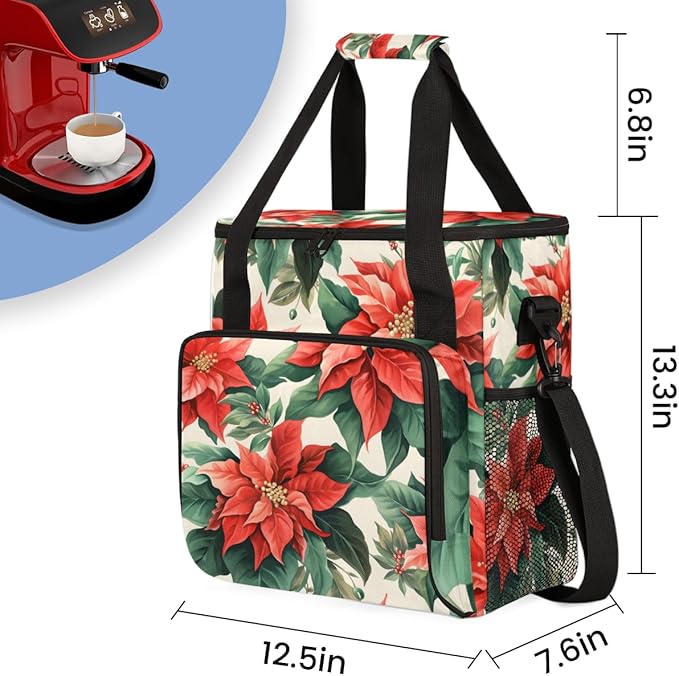 Christmas Flowers Coffee Maker Carrying Bag Retro Flowers Travel Storage Bag Compatible with K-Mini or K-Mini Plus Single Serve Coffee Brewer Carrying Case with Multiple Pockets &amp Shoulder Strap