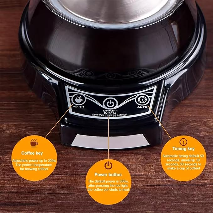 1-3 Cups Vacuum Glass Siphon Pot Tabletop Siphon Coffee Maker with Stainless Steel Heating Chassis Power 200-500W Adjustable and Automatic Timing Brewing for Coffee Shop Coffee Lover