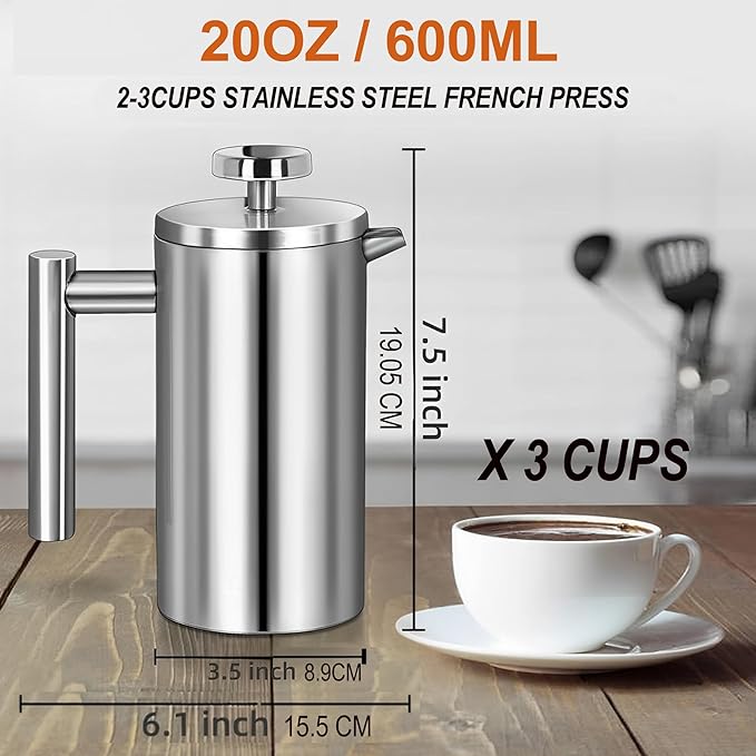 Small French Press Stainless Steel Coffee Maker 21oz(3 Cups) Double Wall Insulated for Hot&amp Cold Brew Compact Coffee&amp Tea Press for Camping Office Travel with 3 Ultra-Fine Filters &amp Sp