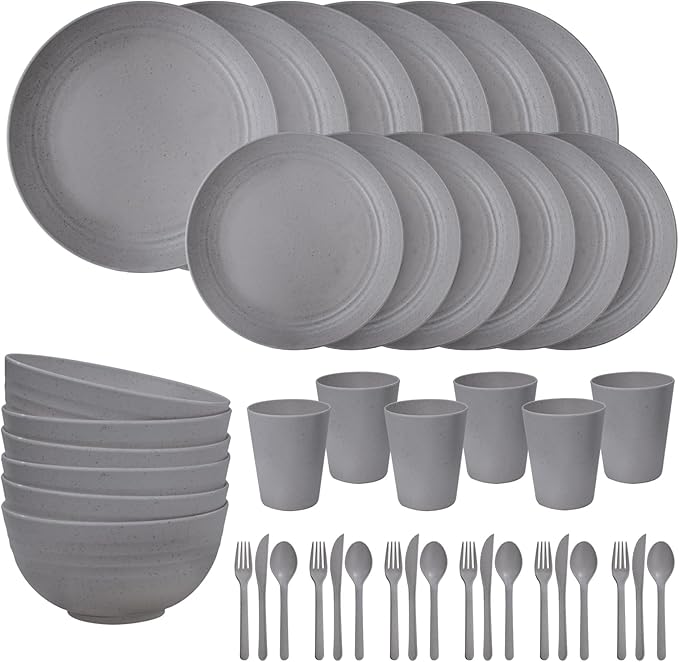 EI 42pcs Wheat Straw Dinnerware SetReusable Plastic Plates UnbreakableBig Bowl and Plate for KitchenPlates and Bowls Sets for College Dorm RoomCampingPicninc