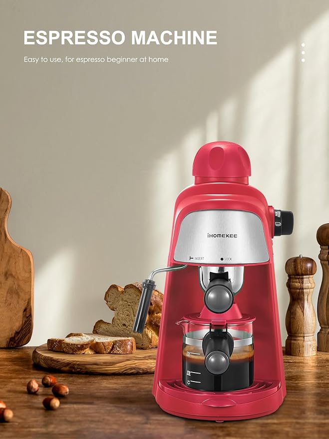 Espresso Machine 3.5Bar Espresso and Cappuccino Machine with Preheating Function 4 Cup Coffee Maker with Milk Frothing Function and Steam Wand (Red) CM6810