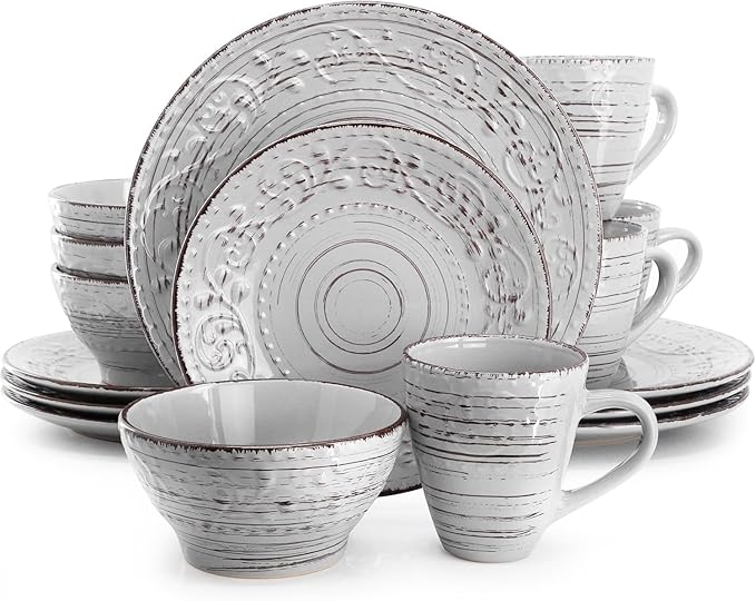 16-Piece Stoneware Dinnerware Set – Ocean Bloom Sea Glass Mica Calcite Jasper &amp Deep Ocean – Microwave Safe Dishwasher Safe Service for 4 with Reactive Glaze Finish (Light Gray)