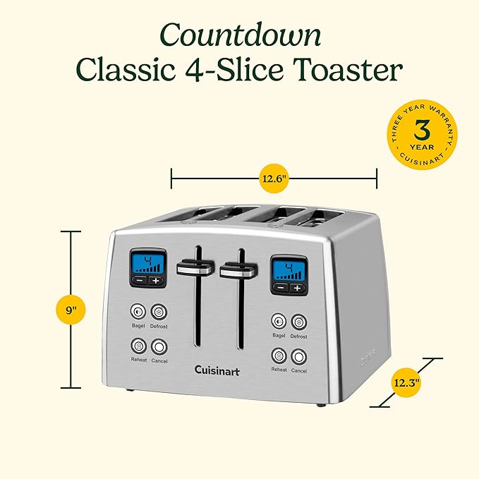Cuisinart 4 Slice Countdown Motorized Toaster Compact Design with Extra-Wide Slots for Toasting Defrost &amp Reheat Functions CPT-435P1 Stainless Steel