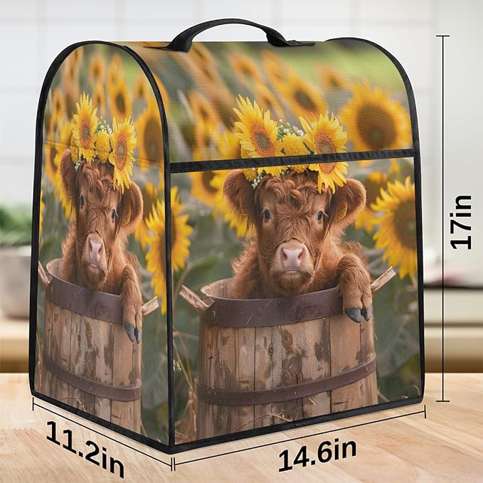 Kitchen Aid Mixer Cover Sunflowers Cute Highland Cow Stand Mixer Cover Compatible with 6-8 Quarts Stand Mixers Dust Covers with Zipper Pocket Foldable Washable Kitchen Aid Organizer Bag
