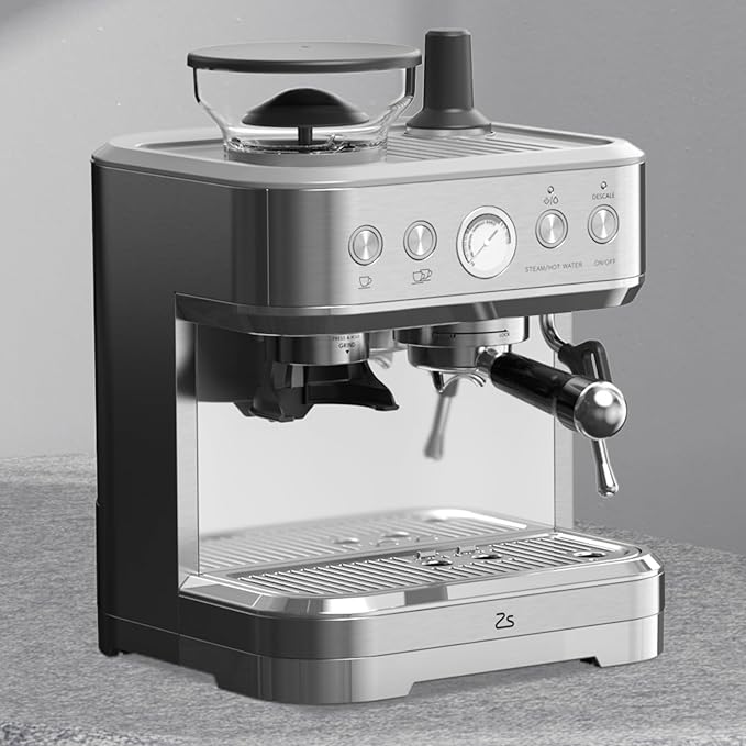 Coffee Maker with Bean Grinder Stainless Steel Body &amp Silver-Plated Basket Drip Coffee Machine for Home &amp Office US Standard