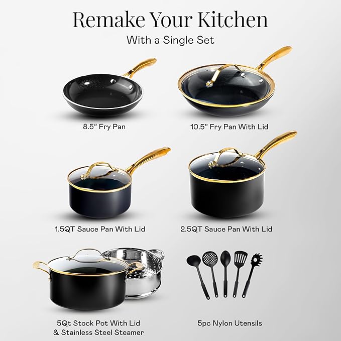 Gotham Steel 15 Pc Ceramic Cookware Set Nonstick Ceramic Pots and Pans Set Non Stick with Steamer &amp Cooking Utensils Non Toxic PFOA PFOS Free Premium Stay Cool Handles Oven &amp Dishwasher Sa