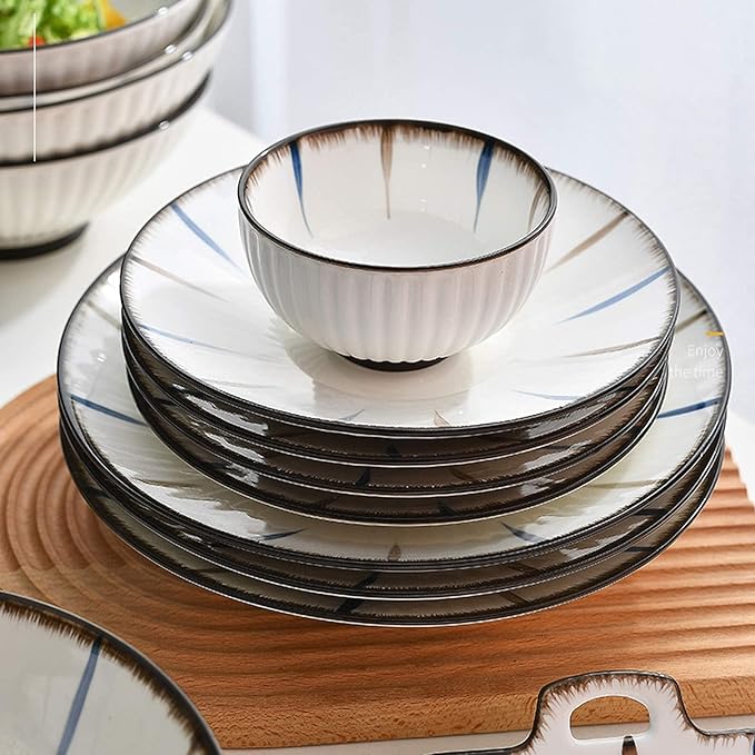 New Dinnerware Sets Ceramics Dinner Sets 31 Pieces -Style Dinnerware Set | Stripe Porcelain Cereal Bowl and Steak Plate for Restaurant and Family Gathering