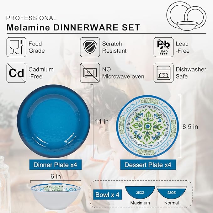 Melamine Dinnerware Sets 12 Pcs Melamine Plates Party Plates and Bowls Sets Camping Dishes Set for 4 Unbreakable BPA-Free Dishwasher Safe （Green flowers）