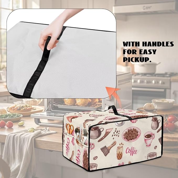 Toaster Oven Dust Cover with Accessory Pockets Neat Storage and Protection with Organizing Side Pockets for Kitchen Toaster Oven Appliances Decor Coffee Love