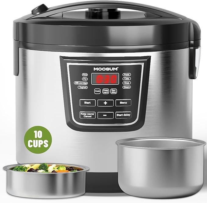 20 Cup Cooked (10 cup uncooked) Rice Cooker with 8 Functions Healthy Cooking Stainless Steel Pot &amp Steamer Removable Inner Cover Silver