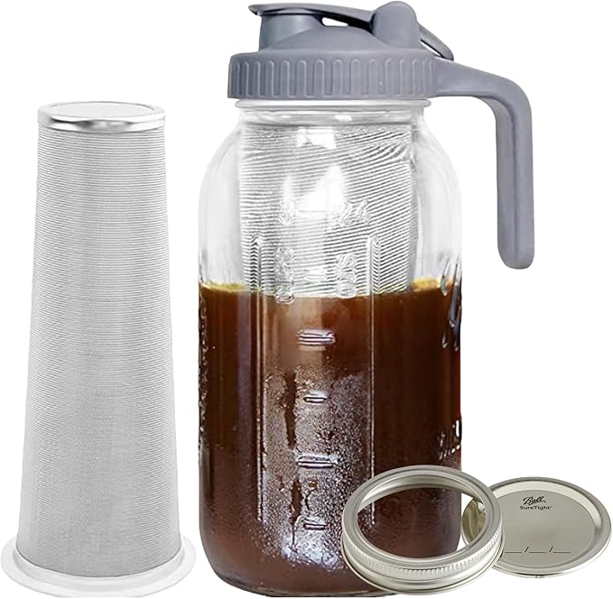 WOODRIVER Cold Brew Mason Jar iced Coffee Maker Durable Glass Heavy Duty Stainless Steel Filter Flip Cap Lid - 64 oz With Handle