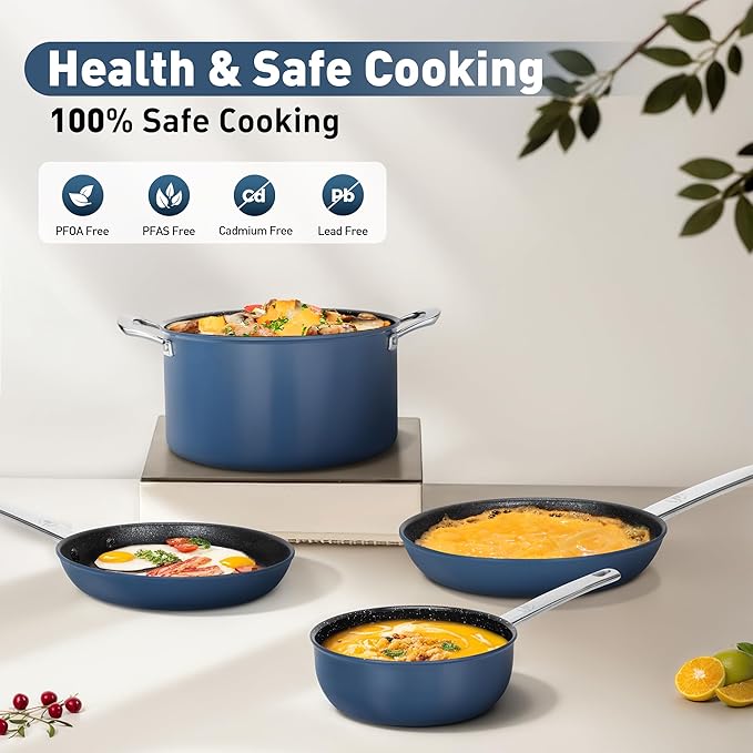 DishDelight Pots and Pans Set Nonstick Ceramic Kitchen Cookware Sets Nonstick Induction Cookware Cooking Pan Set with Frying Pans Saucepans Added Plasma Diamond Blue