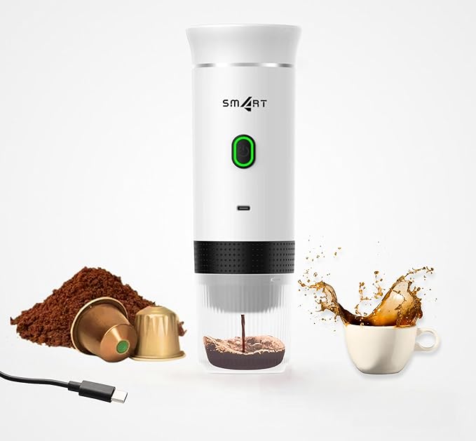 Sm4rt Battery Operated Coffee Maker 3 in 1 Portable Coffee Maker 12v Coffee Maker for Car Cafetera Portable USB Espresso Travel Espresso Maker NS Capsule Dolce Gusto Ground Powder (White)