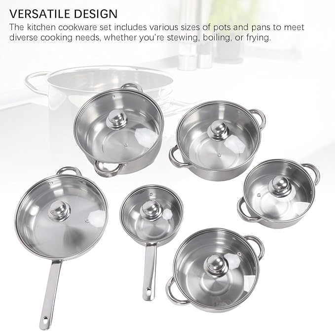 6 Pcs Pots and Pans Set Even Heating Stainless Steel Cookware Set with Glass Lids Frying Pans Saucepans and Saute Pan Kitchen Cookware Sets Easy to Clean