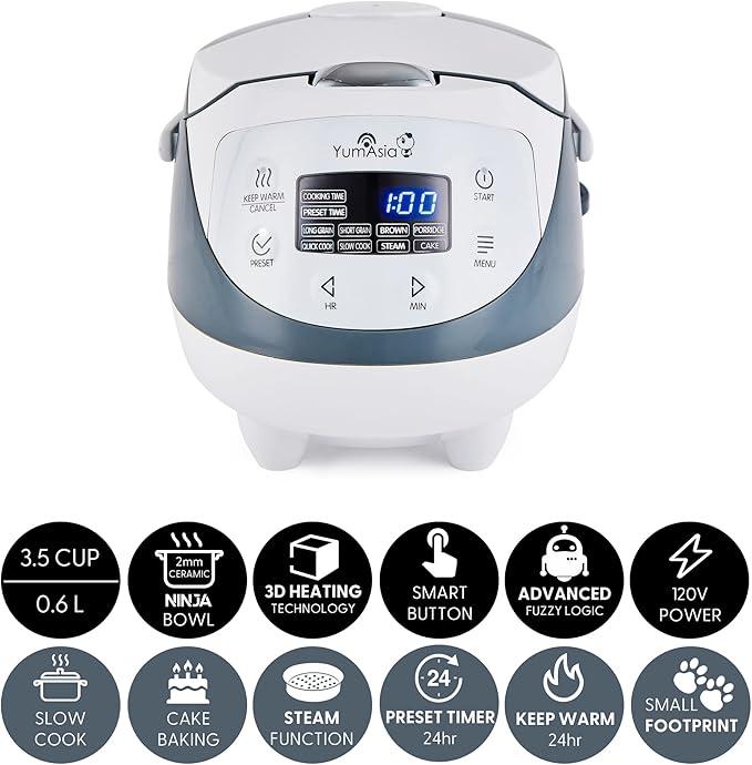 Yum Asia Panda Mini Rice Cooker With Ninja Ceramic Bowl and Advanced Fuzzy Logic (3.5 cup 0.63 litre) 4 Rice Cooking Functions 4 Multicooker functions Digital LED display - 120V