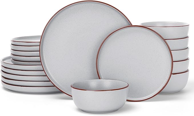 Famiware Mercury Plates and Bowls Sets 18 Pieces Stoneware Dinnerware Sets Dishes Set for 6 Microwave and Dishwasher Safe Light Grey