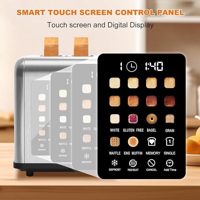 2 Slice Toaster Touch Screen Stainless Steel Toasters Digital Timer 2 Slot Toasters 8 Shade Settings 6 Bread Types for Bagel Cancel Defrost（Stainless Steel）