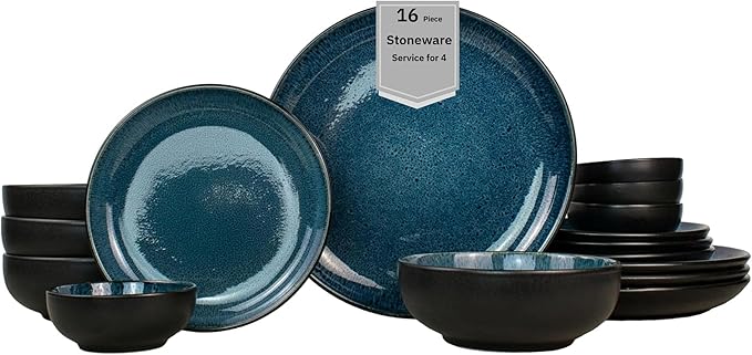 Sango 16-Piece Stoneware Dinnerware Set for 4 Glossy Black/Blue Big Dinner Plates and Bowls Sets with Reactive Glaze Ceramic Dish Set Modern Beautiful Dishes Microwave &amp Dishwasher Safe Reson