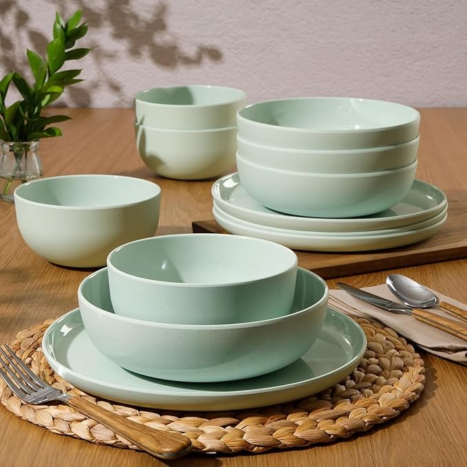 12 Piece Wheat Straw Melamine Dinnerware Set – Lightweight Plates and Bowls Service for 4 Durable &amp Dishwasher Safe (Green)