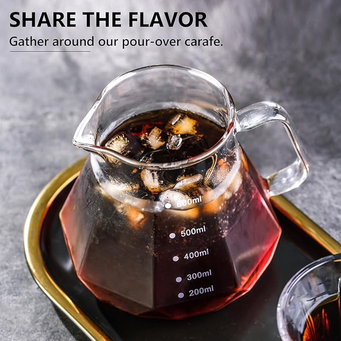 Bincoo Pour Over Coffee Maker Set - Borosilicate Glass Dripper with Walnut Handle &amp Glass Lid 50 pcs Paper Filters Included - 600ml Pour Over Coffee Dripper for Home Café &amp Camping (Dark Gr