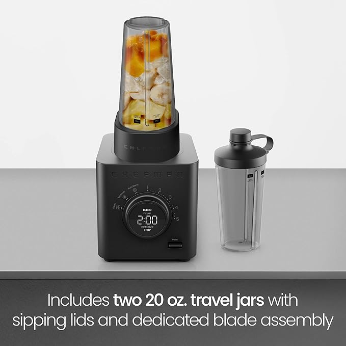 Chefman Obliterator 48 oz Countertop Blender for Smoothies 1380W Motor to Crush Ice Nuts and Frozen Fruit with Stainless Steel Blade Blender Pack Includes Two 20 oz. Travel Jars - Midnight