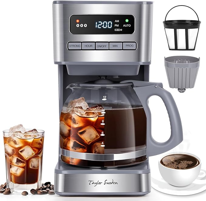 Taylor Swoden Programmable Coffee Makers 12 Cup Hot and Iced Coffee Maker 4 Brew Strength LED Display 24H Timer Keep Warm&ampAuto Shutoff- Drip Coffee Machine for Home/Office Gray &amp Stainle