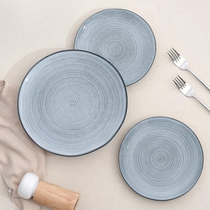 famiware Tempus Plates and Bowls Sets for 8 24 Pieces Stoneware Dinnerware Sets Dishes Set Reactive Glaze Dishware Sets Dishwasher &amp Microwave Safe - Pearl Blue