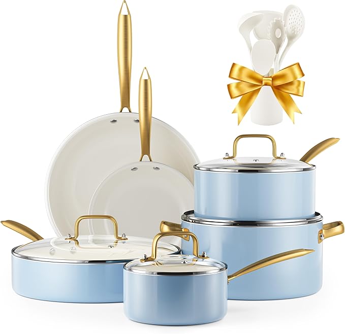 Ceramic Cookware Set VONIKI 16 Pcs Pots and Pans Set Non Stick Kitchen Cookware Sets with Cooking Utensils Set Non Toxic Cookware Set White Gold Pan Set for Cooking Pot Oven &amp Dishwasher Safe