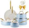 Ceramic Cookware Set VONIKI 16 Pcs Pots and Pans Set Non Stick Kitchen Cookware Sets with Cooking Utensils Set Non Toxic Cookware Set White Gold Pan Set for Cooking Pot Oven &amp Dishwasher Safe
