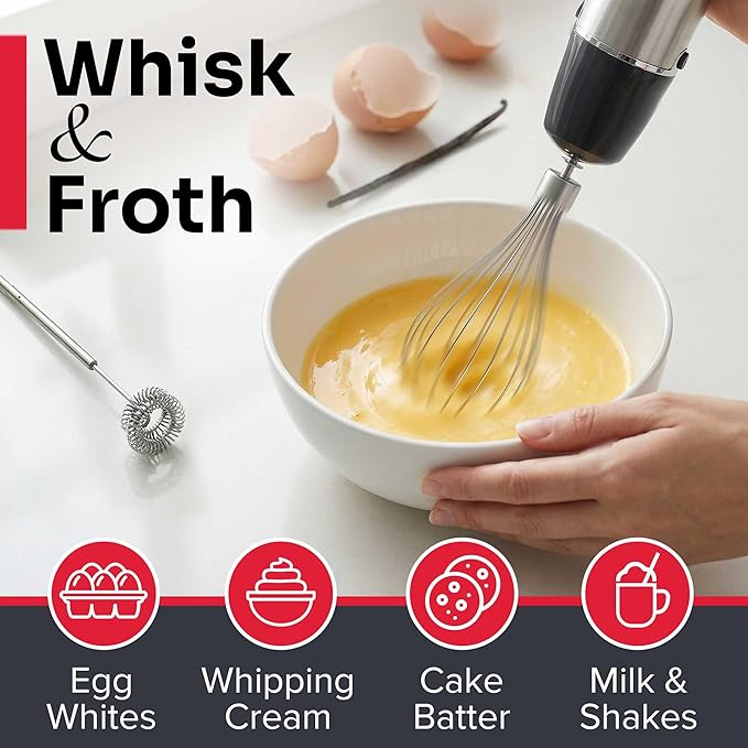Mueller Multistick 5-in-1 Immersion Blender Handheld12 Speed Hand Mixer-Turbo BoostHeaviest Duty Copper MotorTitanium reinforced Blades Hand BlenderMilk Frother WandWhiskBeakerChopperGrey