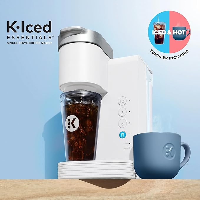KeurigK K-Iced Essentials Coffee Maker Iced and Hot Single-Serve KCup Pod Brewer with Removable Reservoir and Auto-Off Energy Efficient Includes K Iced Tumbler Compact White
