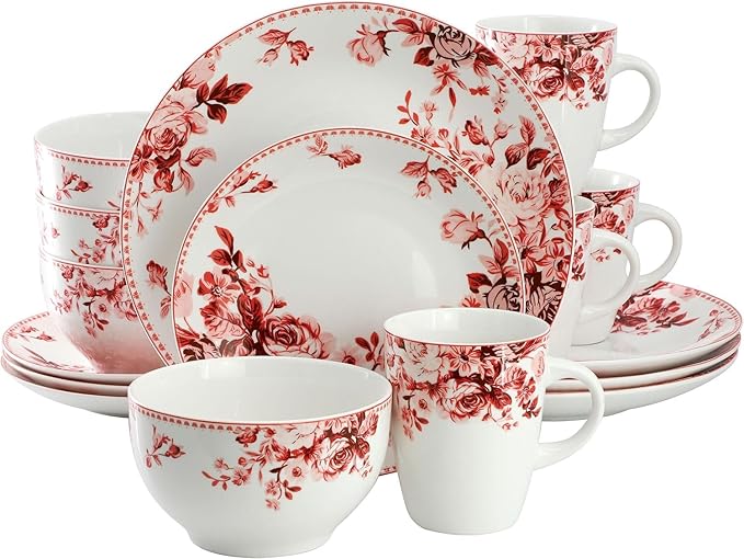 Traditional Purple Rose 16 Piece Stoneware Dinnerware Set – Floral Dinnerware Set for 4 Durable Microwave and Dishwasher Safe Plates Bowls and Mugs (Red Rose)