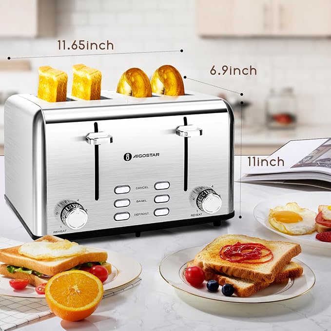Aigostar Toaster 4 Slice 1.6 Wide Slot Stainless Steel Toasters with Bagel Reheat Cancel Defrost Function 6 Shade Settings Removable Crumb Tray 1550W Best Rated Prime 4 Slice Toasters