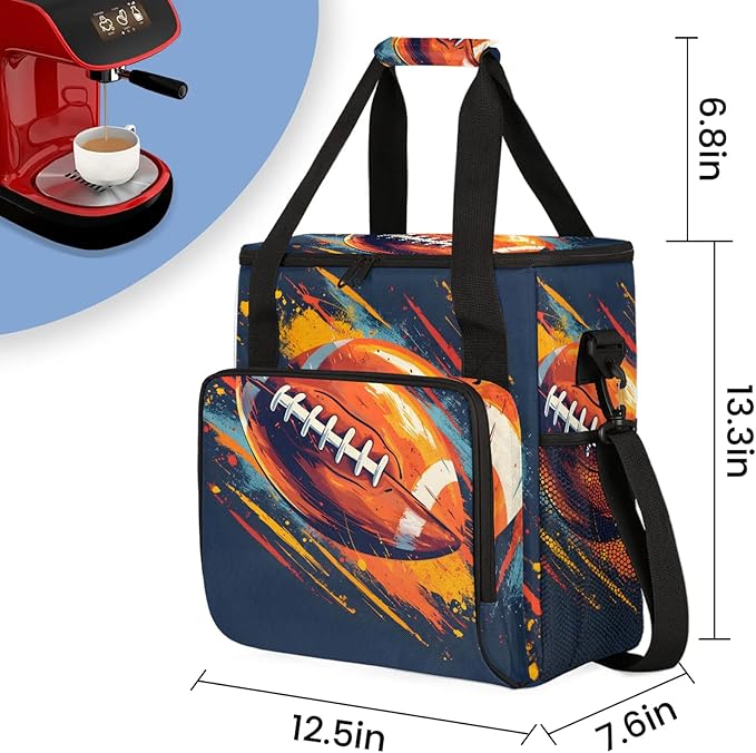 Football Pattern Coffee Maker Carring Bag Large Insulated Storage Organizer Case Tote Bags with Shoulder Strap for Travel Work Picnic