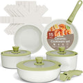Bakken 15-Piece Non-Stick Cookware Set with Detachable Handles – Granite Stackable Pots and Pans Set Dish Washer Safe Oven-Safe and Compatible Kitchen Essential for All Stoves – Green/Cream