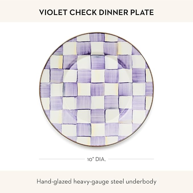 MACKENZIE-CHILDS Enamel Dinner Plate Decorative Dinnerware Plate 10 Inches Purple-and-White Violet Check