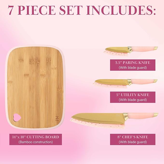 Paris Hilton Reversible Bamboo Cutting Board and Cutlery Set with Matching High Carbon Stainless Steel Knives Blade Guards Sleek Yet Comfortable Handle Grips 7-Piece Set Gold Pink