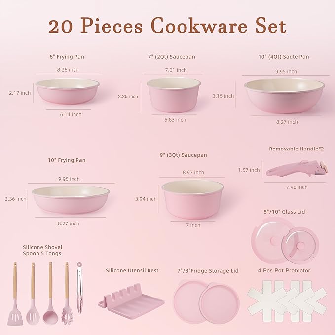 Astercook 20 Pcs Ceramic Pots and Pans Set Nonstick Cookware Set with Detachable Handles Oven Safe to 480°F Induction Compatible Stackable RV Kitchen Cooking Set Pink