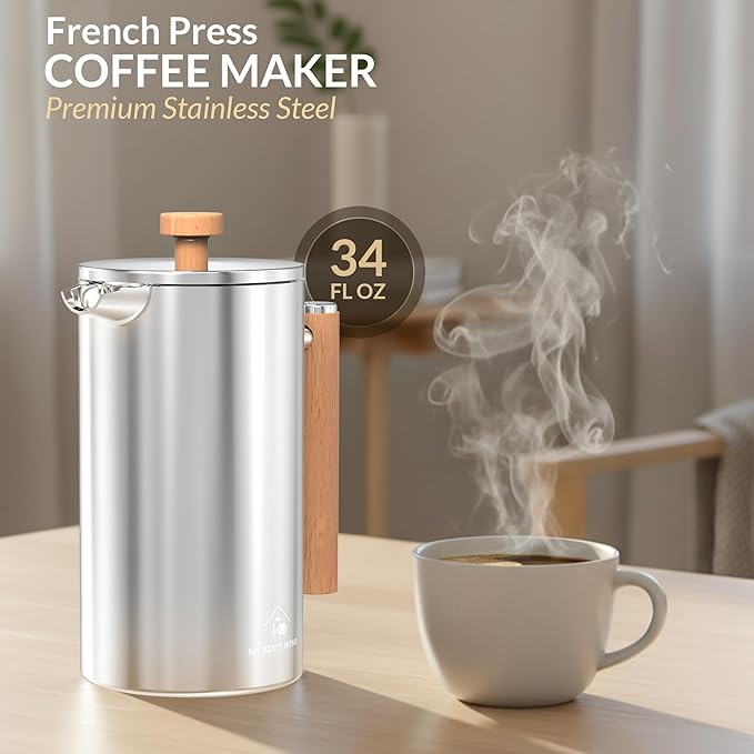 French Press Coffee Maker 304 Stainless Steel 34 Oz Large Double-Walled Insulated French Press Wood Handle 3 Level Filtration System For Kitchen Camping &amp Gifting in Premium Box No Plastic