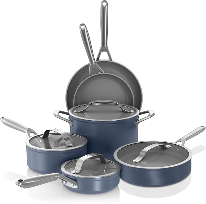Ninja Ceramic Pro 10Piece Cookware Set NonStick Pots &amp Pans Set with Glass Lids Nontoxic PTFE Free Ceramic Coated Stove to Oven Safe All Stovetop &amp Induction Compatible Midnight Blue C