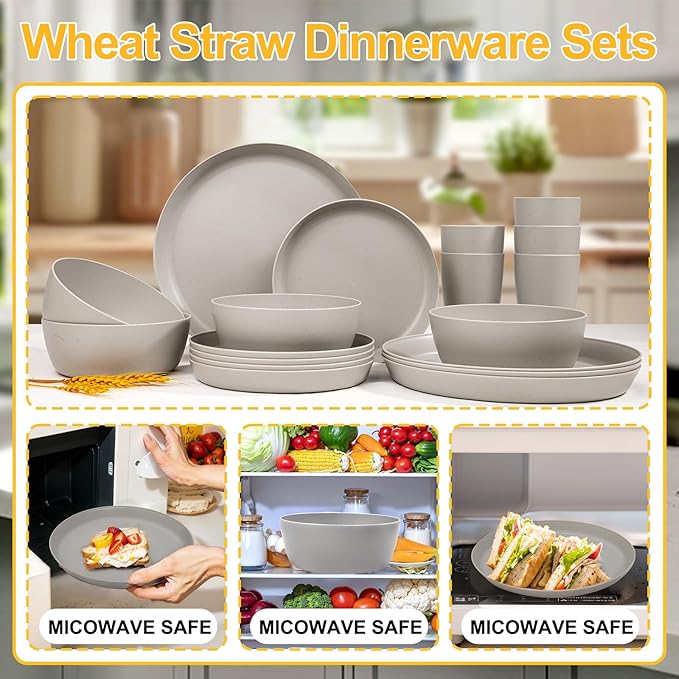 EI 24pcs Grey Wheat Straw Dinnerware Set of 6Reuasble Unbreakable Dinner PlatesWheat Plates and Bowls Sets for CampingPicnincFamily Dinner
