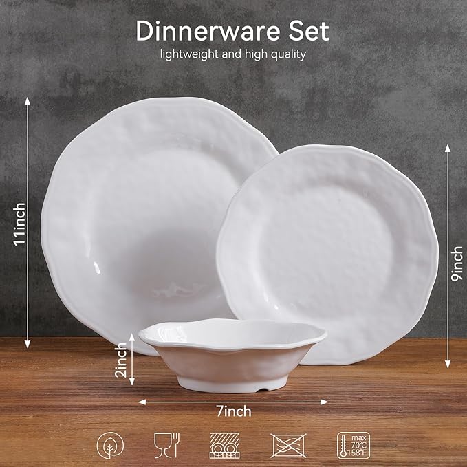 White Melamine Dinnerware Set 18 Pcs Lightweight and Unbreakable Outdoor Plates and Bowls Sets Camping Melamine Dishes Set for 6 Chip Resistant Kitchen Plates for Indoor and Outdoor Use
