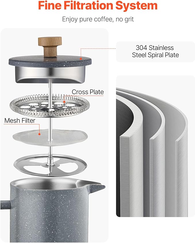 VEVOR French Press Coffee Maker 34 Ounce 1 Liter Stainless Steel Coffee Press Tea Maker with Filter Large Double Wall Insulated French Presses Cold Brew for Camping Travel Home Kitchen Black