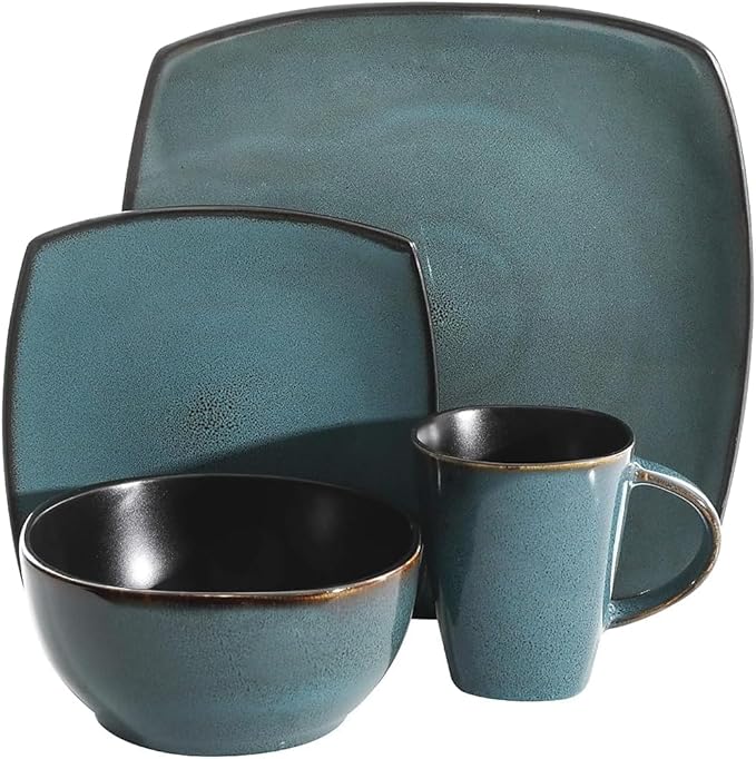 Modern Matte Glaze Square Dinnerware Set - 16 Piece Stoneware Service for 4 Dishwasher &amp Microwave Safe Teal Finish (Teal)
