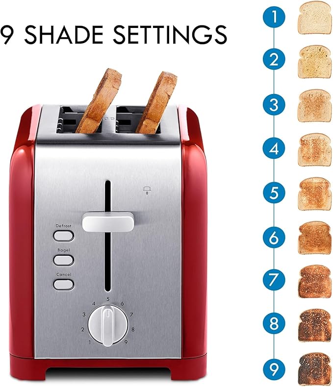 Kenmore 2 Slice Toaster Stainless Steel with Bagel Cancel Defrost Function and Extra Wide Slots Toasters Removable Crumb Tray Red